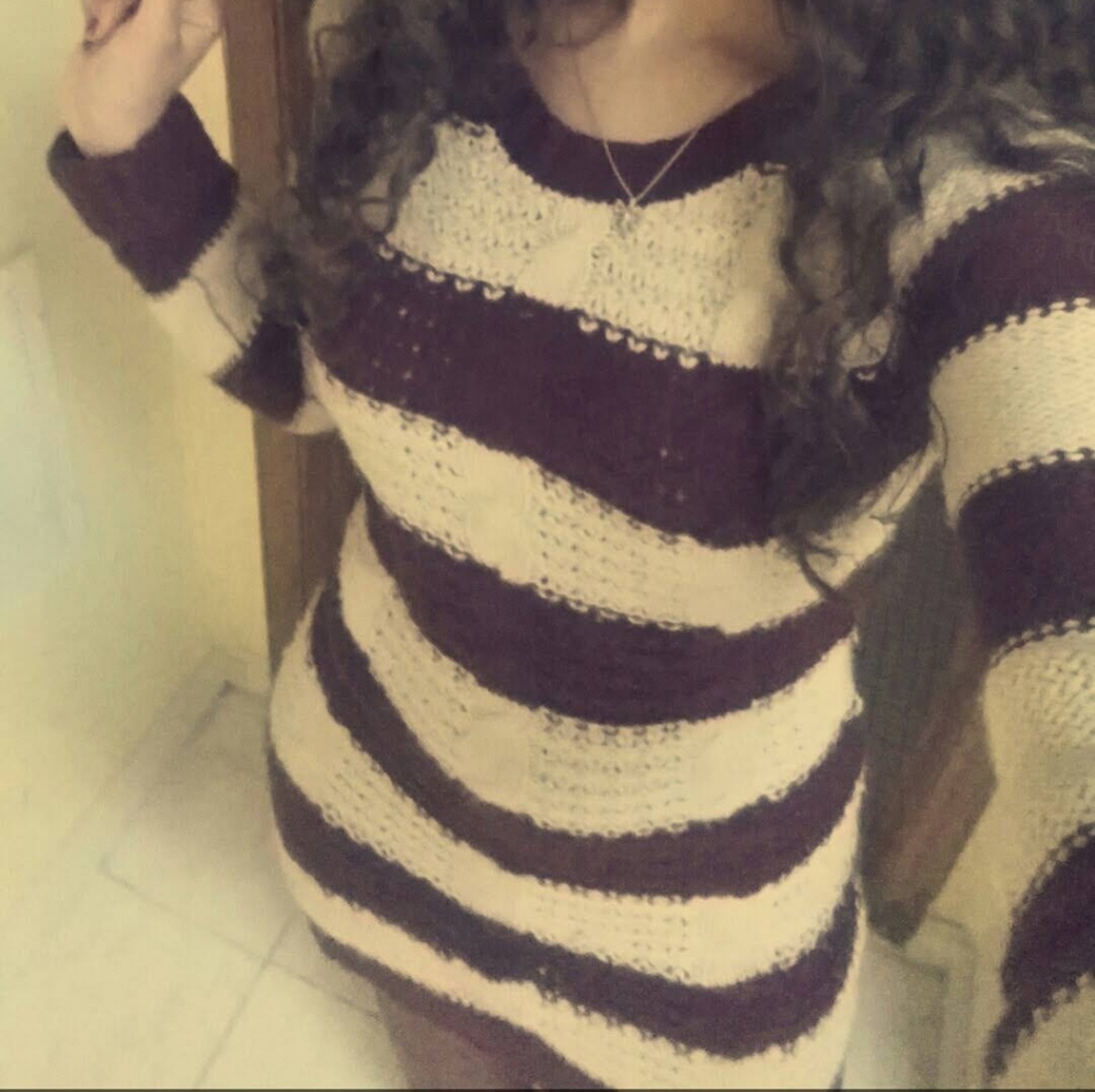 Cream & maroon striped sweater dress